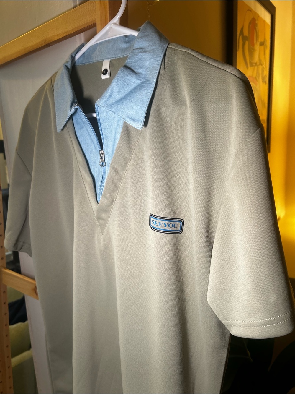 seeyou Olive Green Polo with Light Blue Zip Collar, Men size M, Preppy, Casual